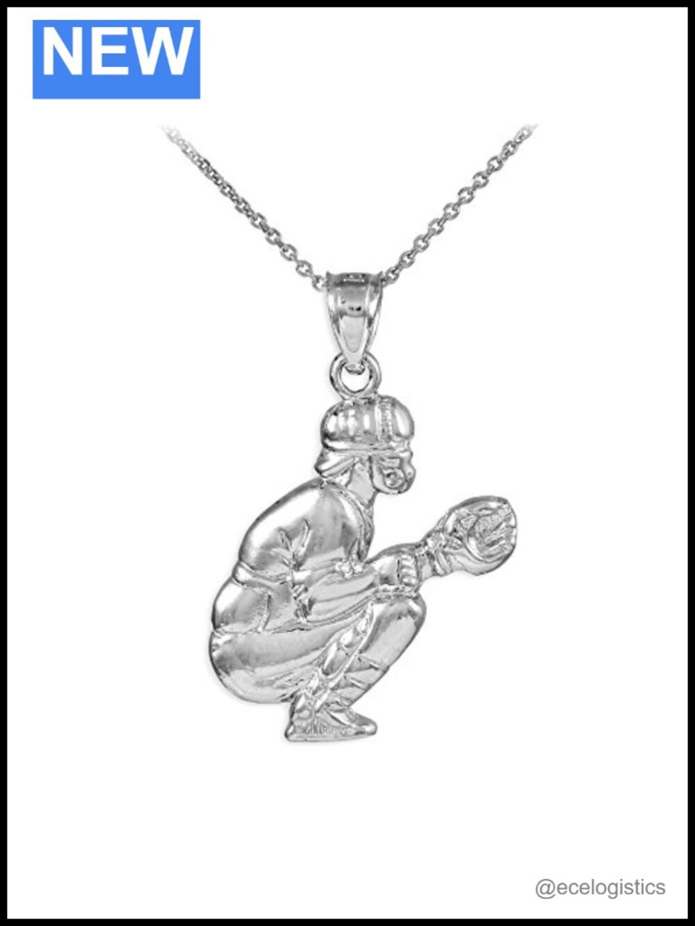 925 Sterling Silver Baseball Catcher Charm Pendant Necklace 16in